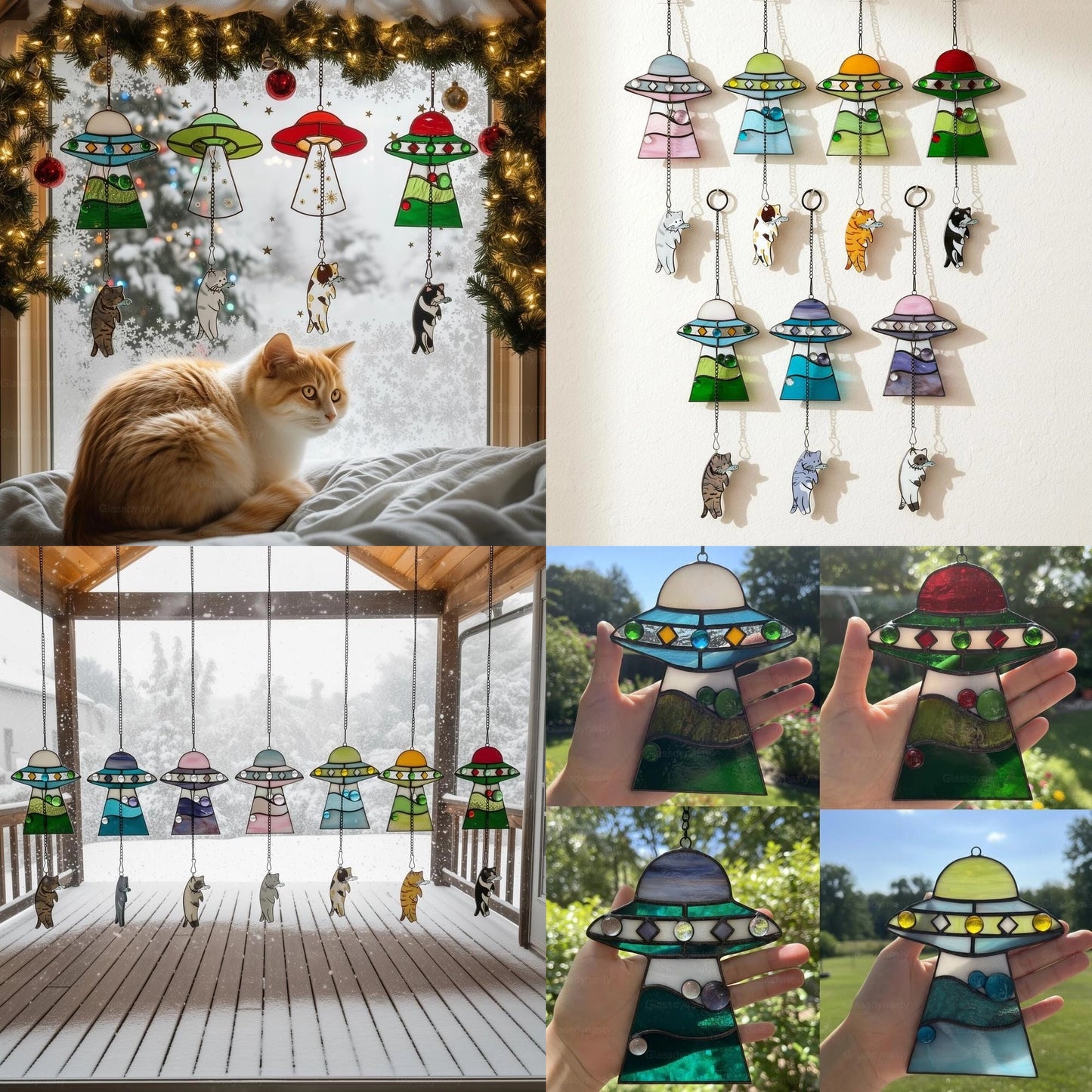 🔥Stained Glass Cat UFO Spaceship Suncatcher: Feline Alien Encounter Mobile