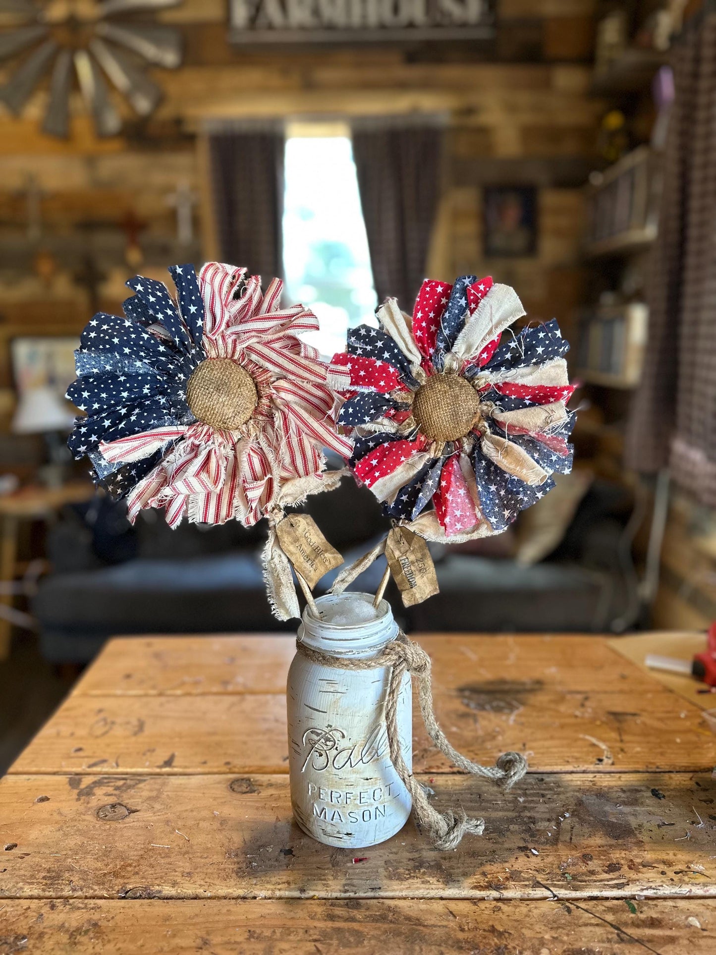🔥Handmade American Flag Fabric Rag Flowers/250th Fourth Of July Centerpiece Flower Decor