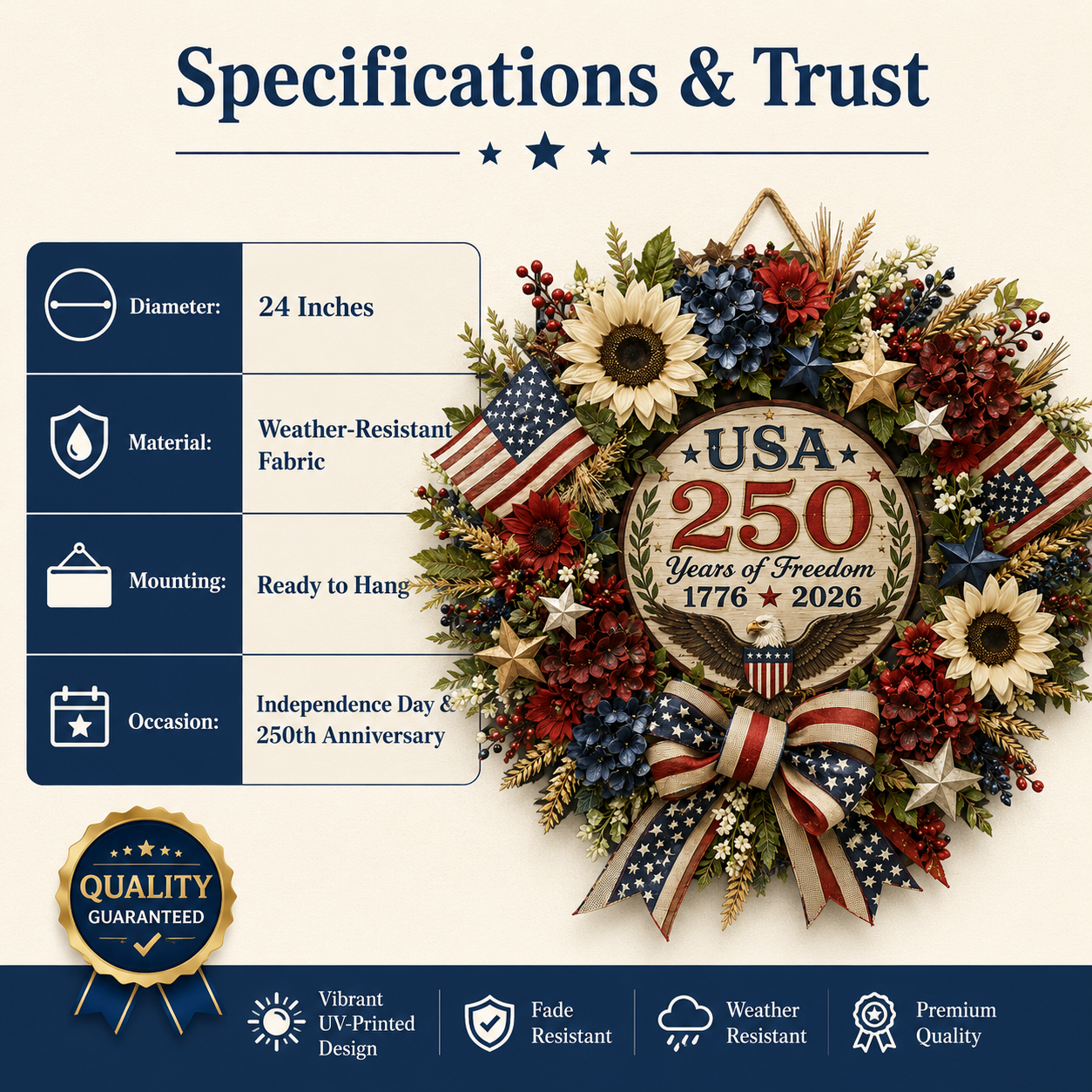 USA 250 Years of Freedom Commemorative Door Wreath – Celebrating American Independence (1776–2026)