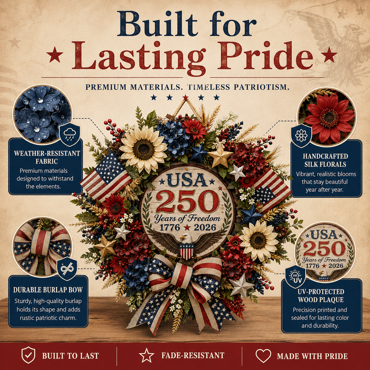 USA 250 Years of Freedom Commemorative Door Wreath – Celebrating American Independence (1776–2026)