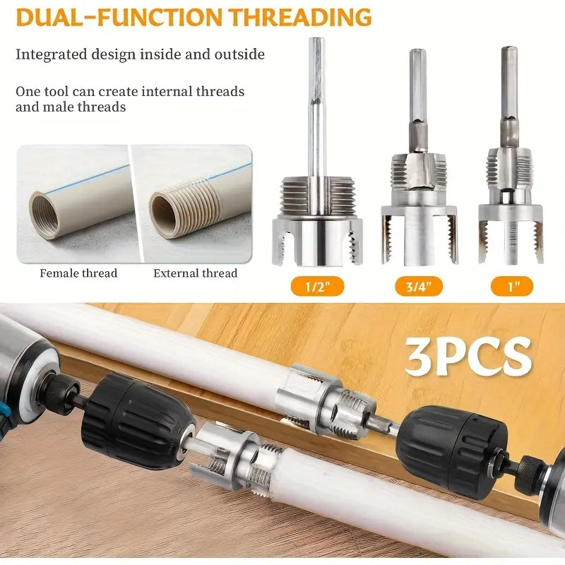 3-Piece Heavy-Duty Alloy Pipe Threading Tool Set - 1/2", 3/4", 1" Internal/External Threads