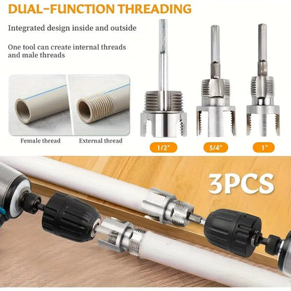 3-Piece Heavy-Duty Alloy Pipe Threading Tool Set - 1/2", 3/4", 1" Internal/External Threads