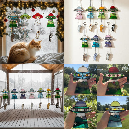 🔥Stained Glass Cat UFO Spaceship Suncatcher: Feline Alien Encounter Mobile