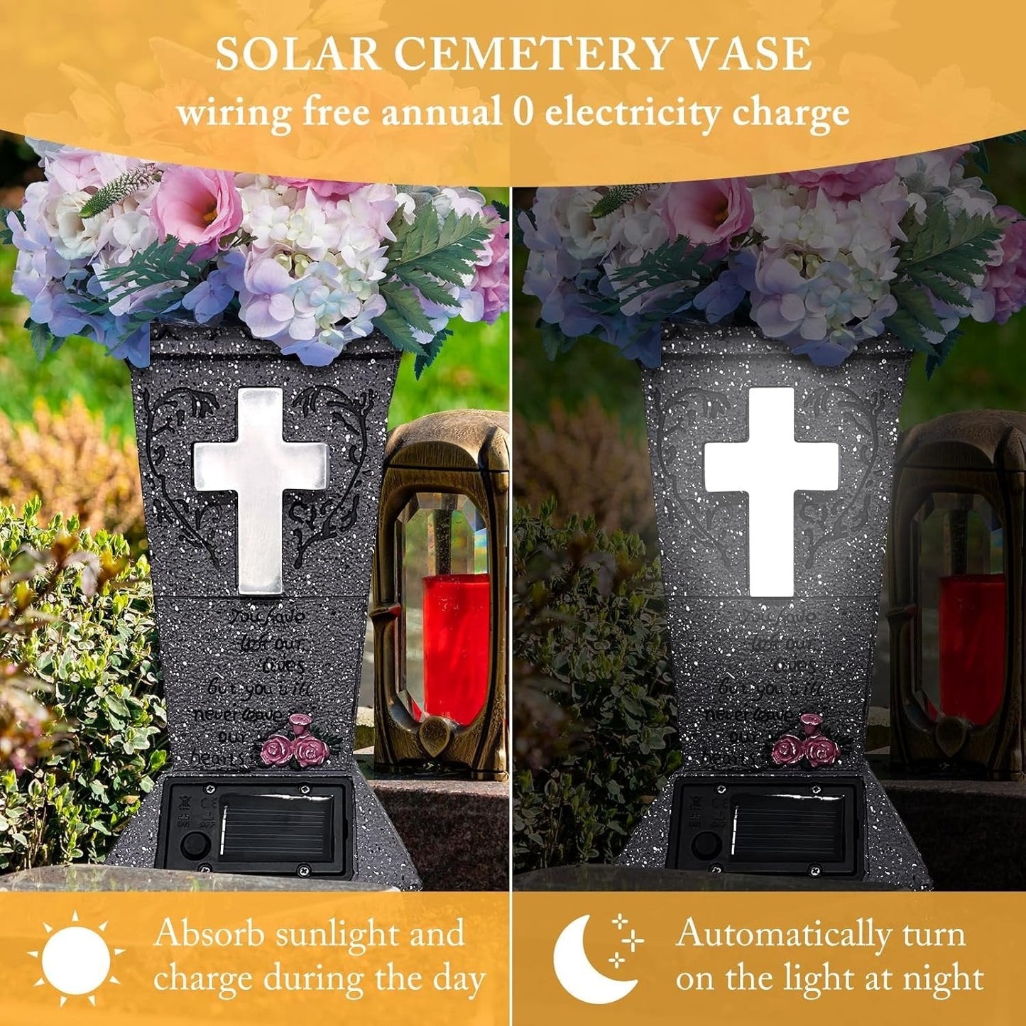 💕Hot sale 49% OFF💖Solar Cemetery Vase with LED Cross – A Beautiful Tribute That Shines with Love 🌙✝️