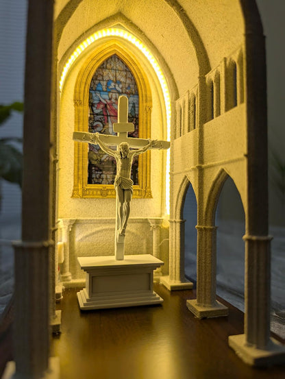 🕊️Mini Church Chapel Lamp – JESUS Crucifix, stained‑glass style