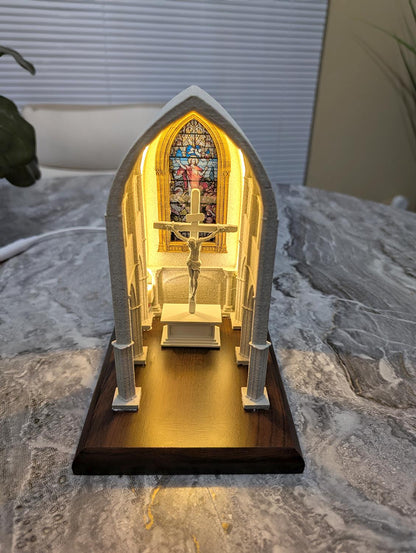 🕊️Mini Church Chapel Lamp – JESUS Crucifix, stained‑glass style