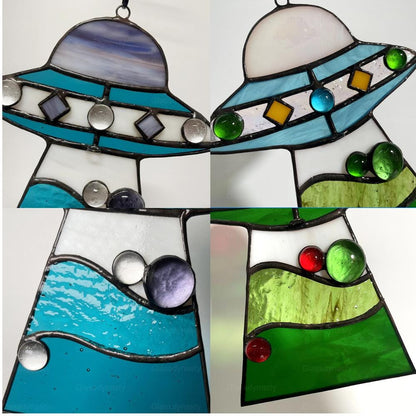 🔥Stained Glass Cat UFO Spaceship Suncatcher: Feline Alien Encounter Mobile