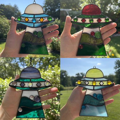 🔥Stained Glass Cat UFO Spaceship Suncatcher: Feline Alien Encounter Mobile