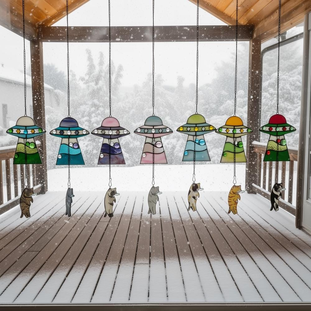 🔥Stained Glass Cat UFO Spaceship Suncatcher: Feline Alien Encounter Mobile