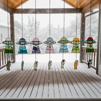 🔥Stained Glass Cat UFO Spaceship Suncatcher: Feline Alien Encounter Mobile