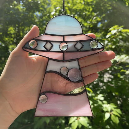 🔥Stained Glass Cat UFO Spaceship Suncatcher: Feline Alien Encounter Mobile