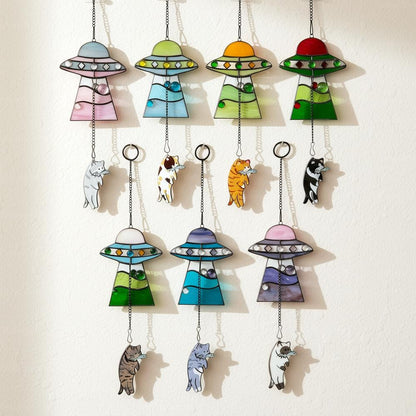 🔥Stained Glass Cat UFO Spaceship Suncatcher: Feline Alien Encounter Mobile