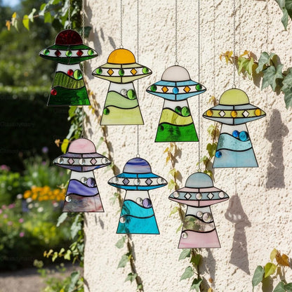 🔥Stained Glass Cat UFO Spaceship Suncatcher: Feline Alien Encounter Mobile