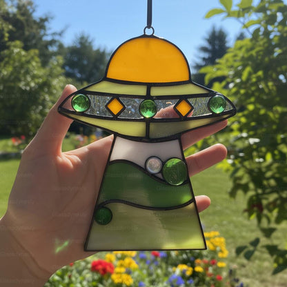 🔥Stained Glass Cat UFO Spaceship Suncatcher: Feline Alien Encounter Mobile