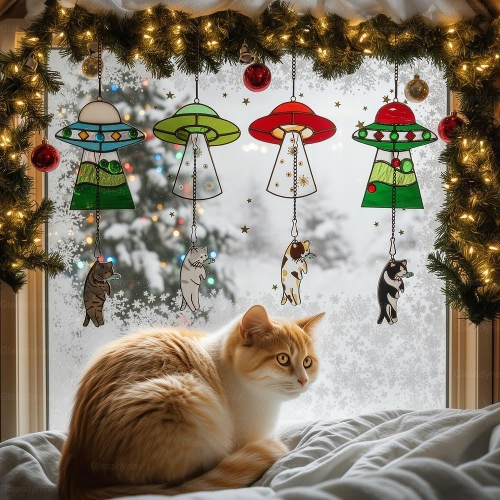 🔥Stained Glass Cat UFO Spaceship Suncatcher: Feline Alien Encounter Mobile