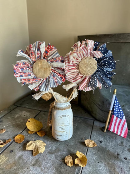 🔥Handmade American Flag Fabric Rag Flowers/250th Fourth Of July Centerpiece Flower Decor