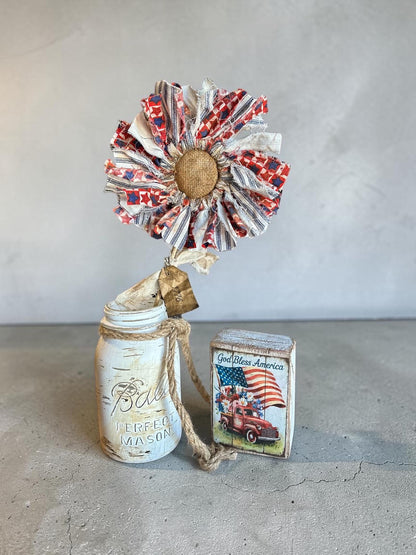 🔥Handmade American Flag Fabric Rag Flowers/250th Fourth Of July Centerpiece Flower Decor