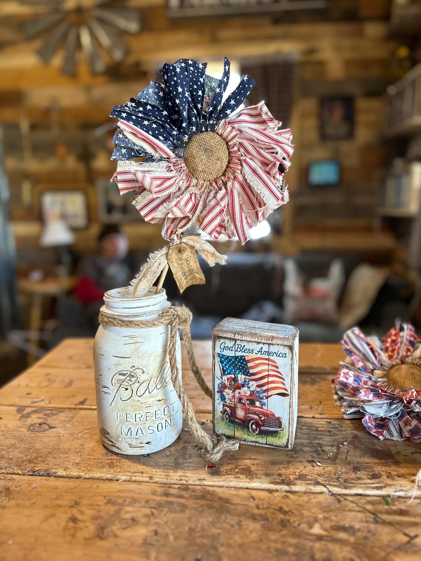 🔥Handmade American Flag Fabric Rag Flowers/250th Fourth Of July Centerpiece Flower Decor