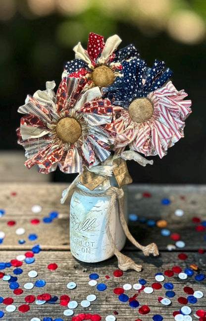 🔥Handmade American Flag Fabric Rag Flowers/250th Fourth Of July Centerpiece Flower Decor