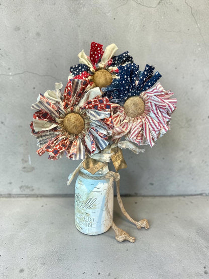 🔥Handmade American Flag Fabric Rag Flowers/250th Fourth Of July Centerpiece Flower Decor