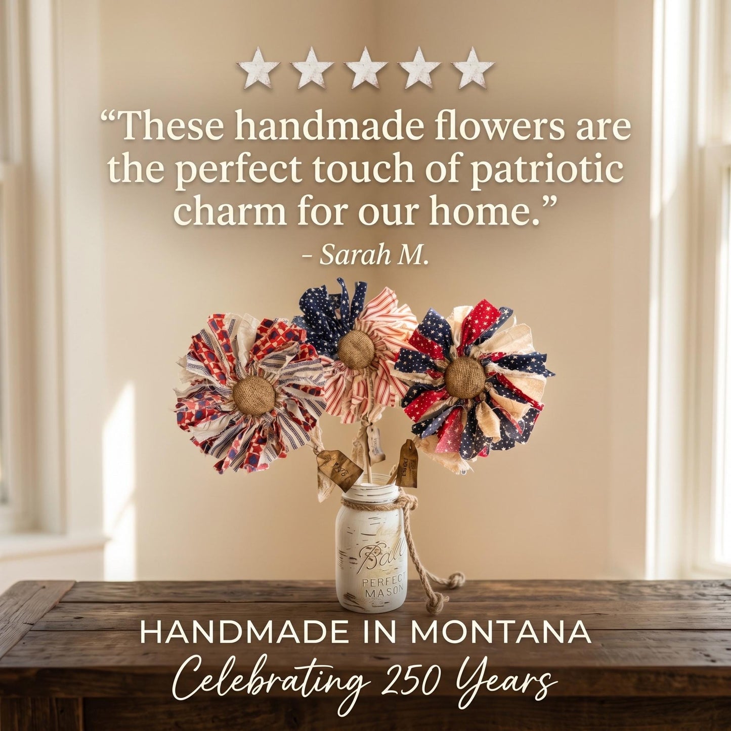 🔥Handmade American Flag Fabric Rag Flowers/250th Fourth Of July Centerpiece Flower Decor