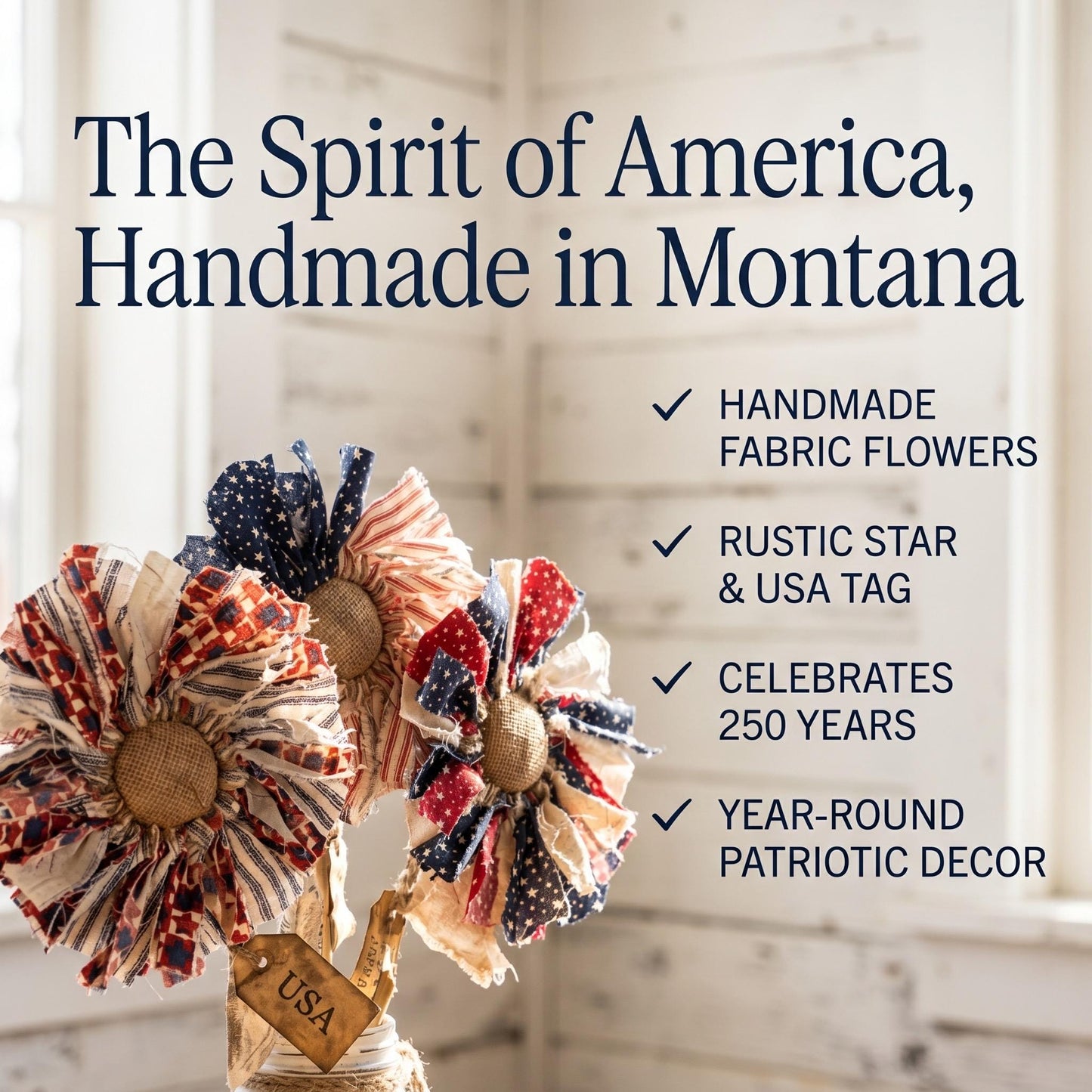 🔥Handmade American Flag Fabric Rag Flowers/250th Fourth Of July Centerpiece Flower Decor