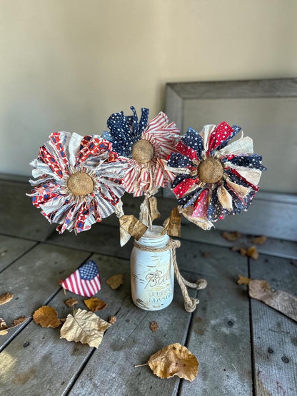 🔥Handmade American Flag Fabric Rag Flowers/250th Fourth Of July Centerpiece Flower Decor