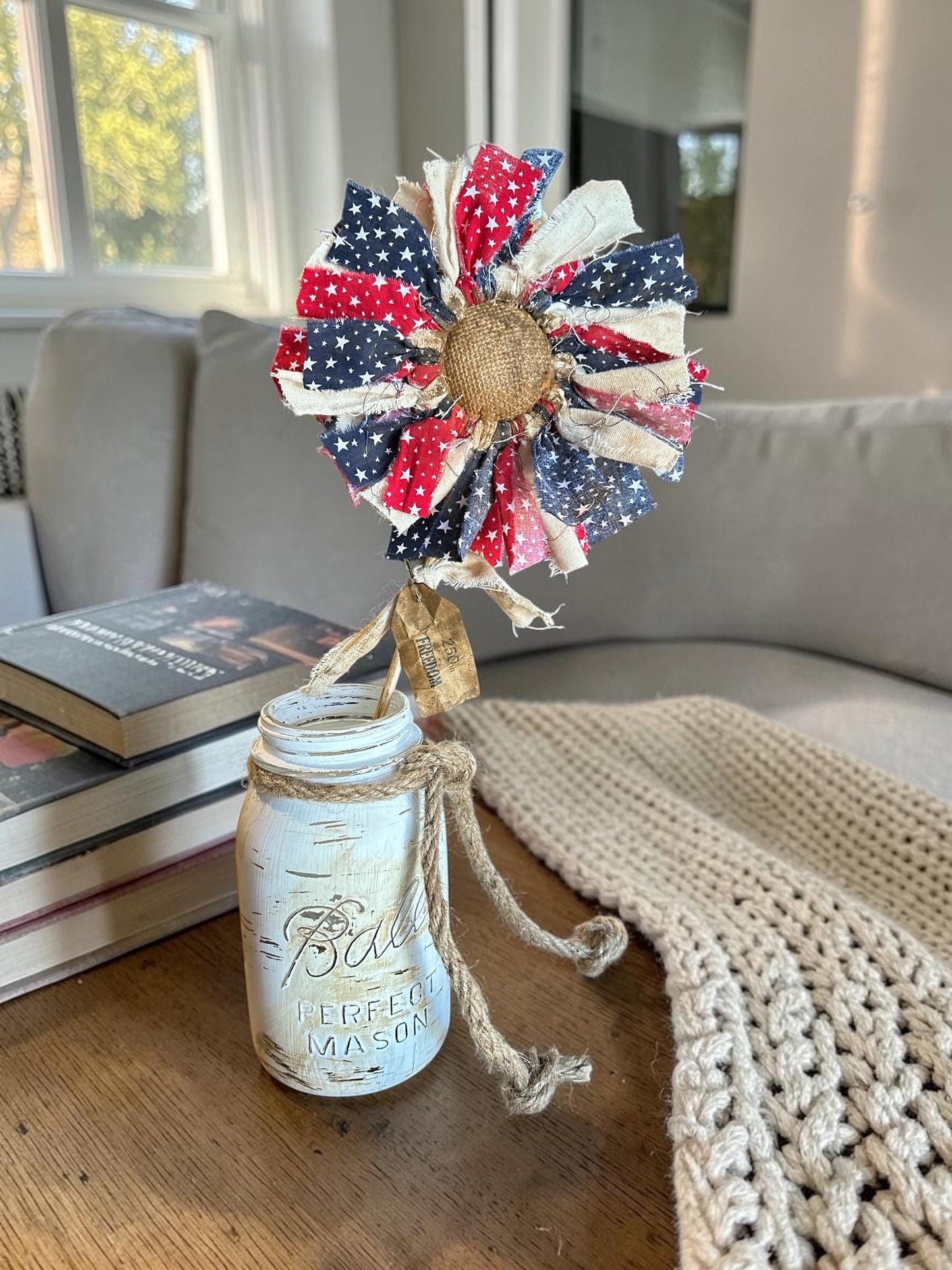 🔥Handmade American Flag Fabric Rag Flowers/250th Fourth Of July Centerpiece Flower Decor