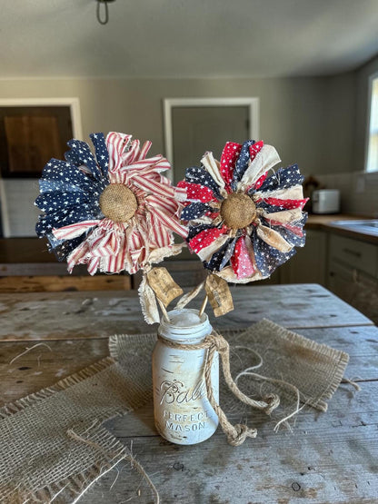 🔥Handmade American Flag Fabric Rag Flowers/250th Fourth Of July Centerpiece Flower Decor