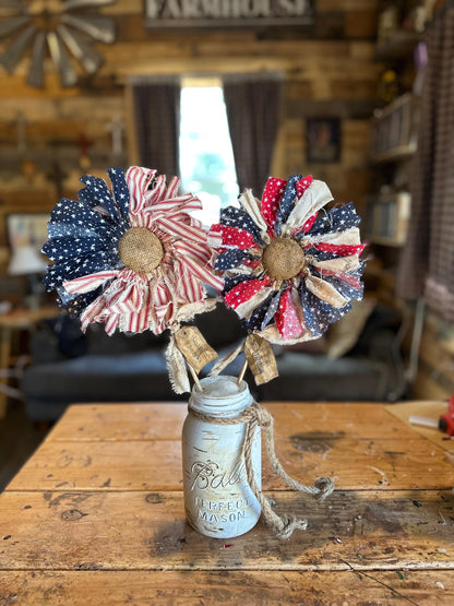 🔥Handmade American Flag Fabric Rag Flowers/250th Fourth Of July Centerpiece Flower Decor