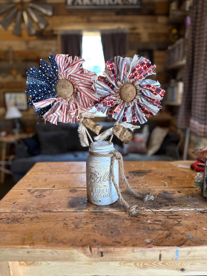 🔥Handmade American Flag Fabric Rag Flowers/250th Fourth Of July Centerpiece Flower Decor