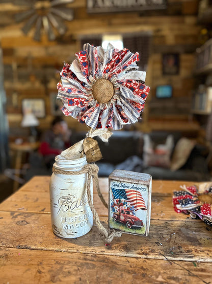 🔥Handmade American Flag Fabric Rag Flowers/250th Fourth Of July Centerpiece Flower Decor