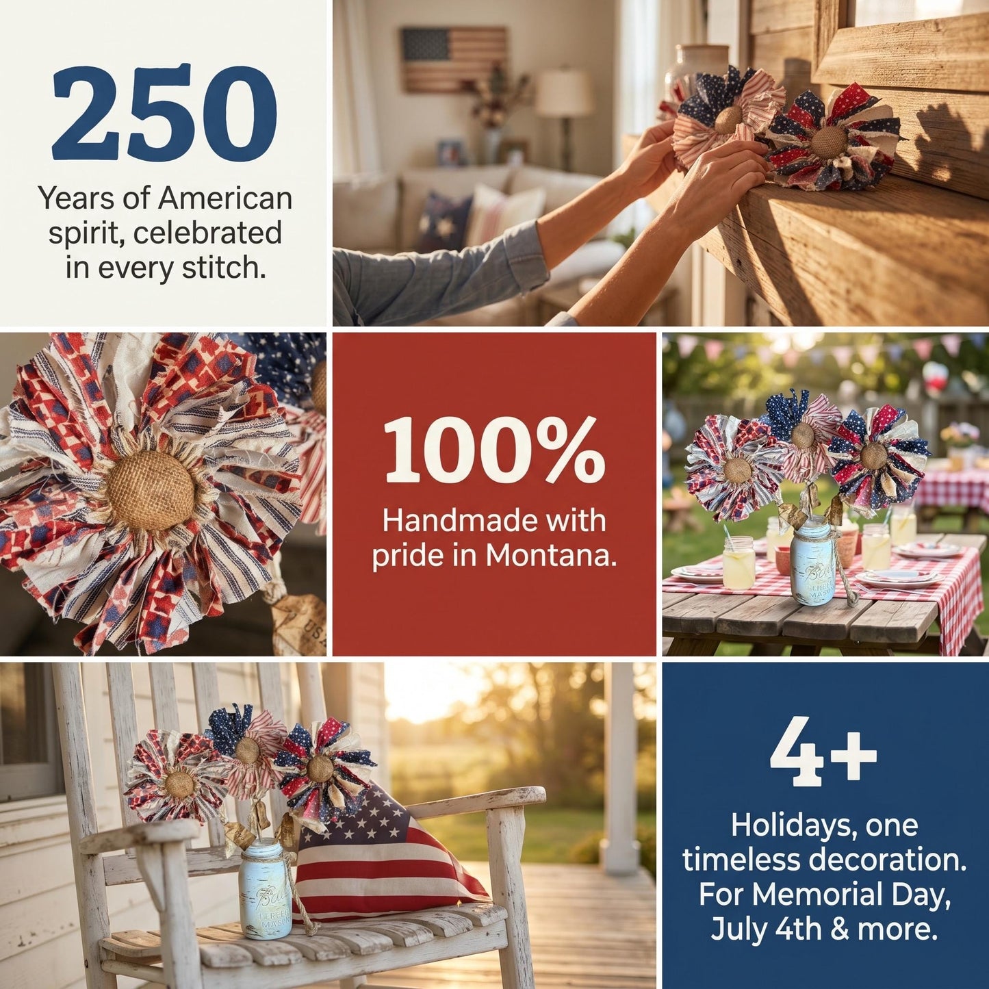 🔥Handmade American Flag Fabric Rag Flowers/250th Fourth Of July Centerpiece Flower Decor
