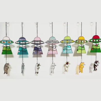 🔥Stained Glass Cat UFO Spaceship Suncatcher: Feline Alien Encounter Mobile