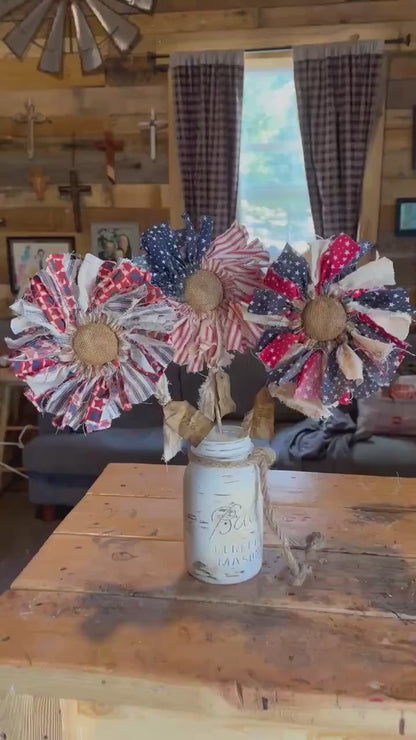 🔥Handmade American Flag Fabric Rag Flowers/250th Fourth Of July Centerpiece Flower Decor