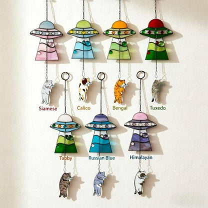 🔥Stained Glass Cat UFO Spaceship Suncatcher: Feline Alien Encounter Mobile